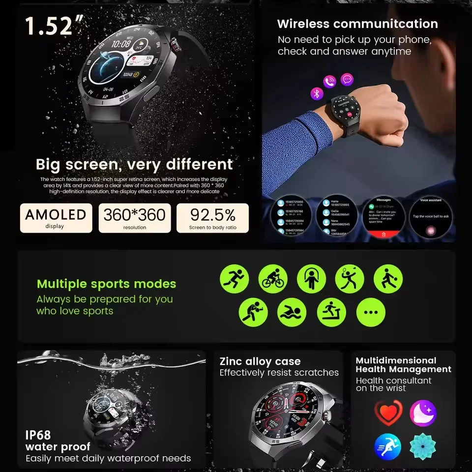 Untuk HUAWEI GT5 Pro GPS Smart Watch Pria Layar Ultra AMOLED 1.52 inci Deteksi Detak Jantung Panggilan BT Smartwatch Olahraga Kebugaran Gelang Tahan Air