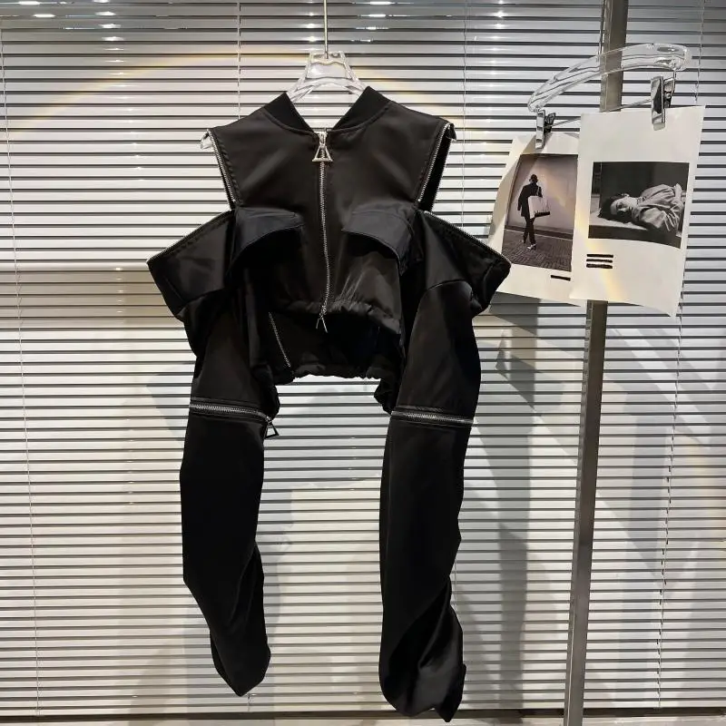 سترة مقصوصة متعددة السوستة موديل 2025 للنساء بدون أكتاف وسترات عالية الخصر ملابس خارجية