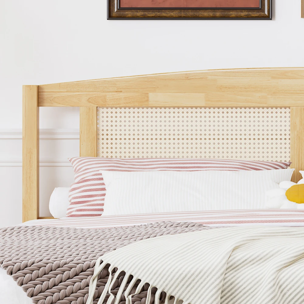 PINGGO Naturrattan-Doppelbett 160x200cm Kiefernholz PE-Rattan 15 Latten Mittelstützfüße Rattan-Netzkissen Ohne Matratze – Detail 17