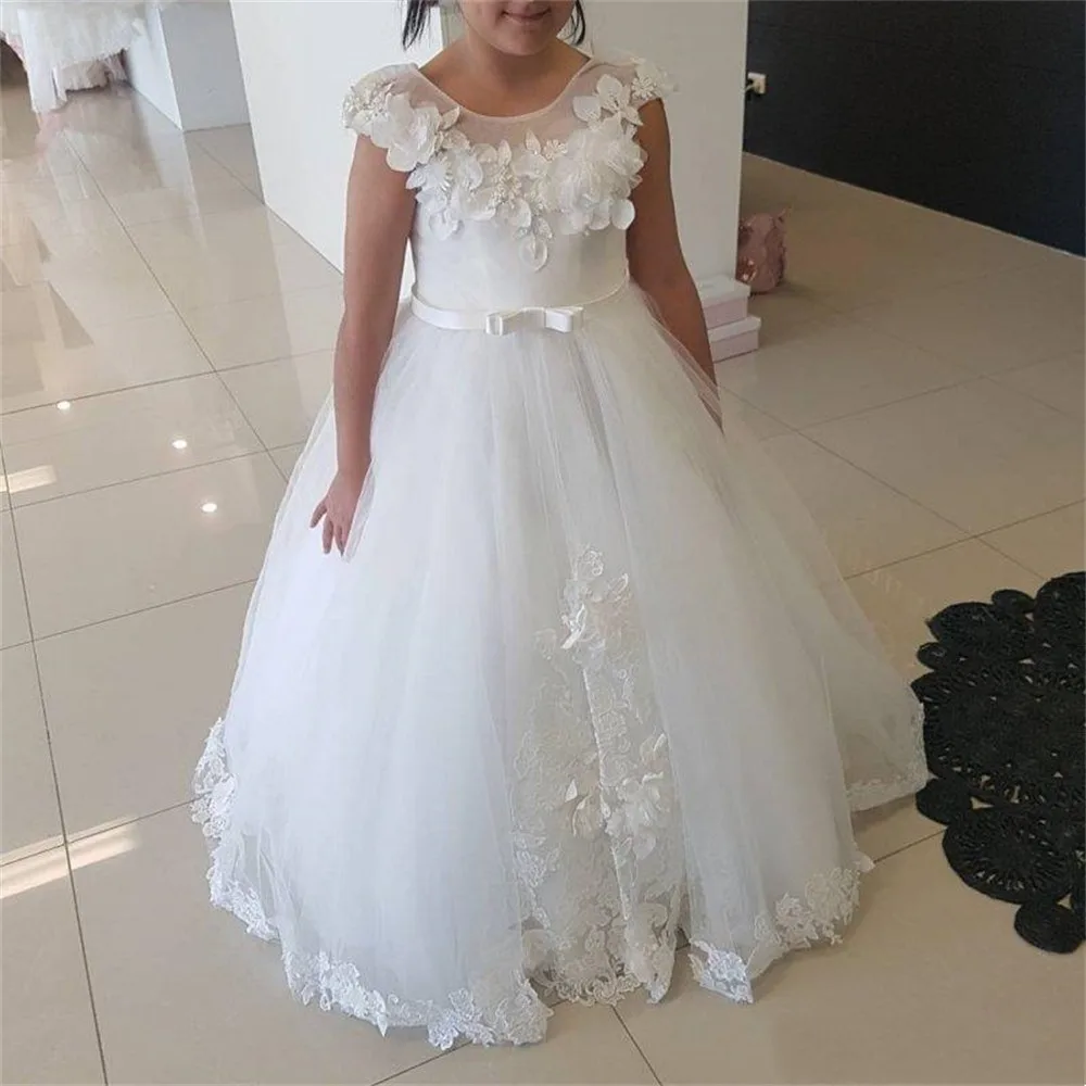 

White Flower Girl Dress Holy Tulle Lace Printed Princess Angel First Communion Dresses Wedding Dance Party Dream Kids Gift