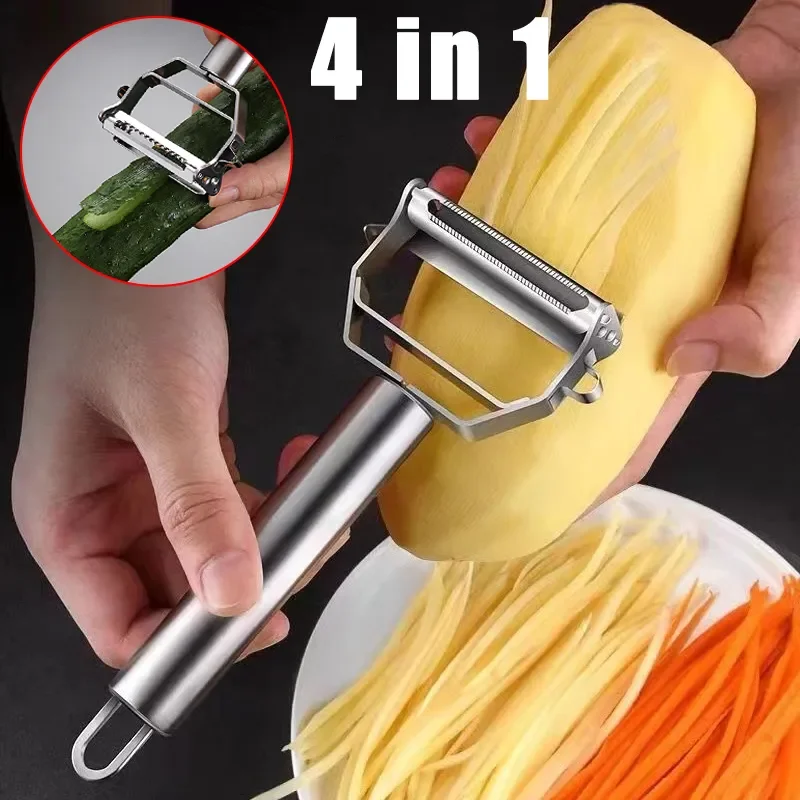 Pelador de manzanas y verduras multifuncional 4 en 1, pelador de frutas, rebanador de patatas de acero inoxidable, trituradora de zanahorias, herramientas de cocina para el hogar
