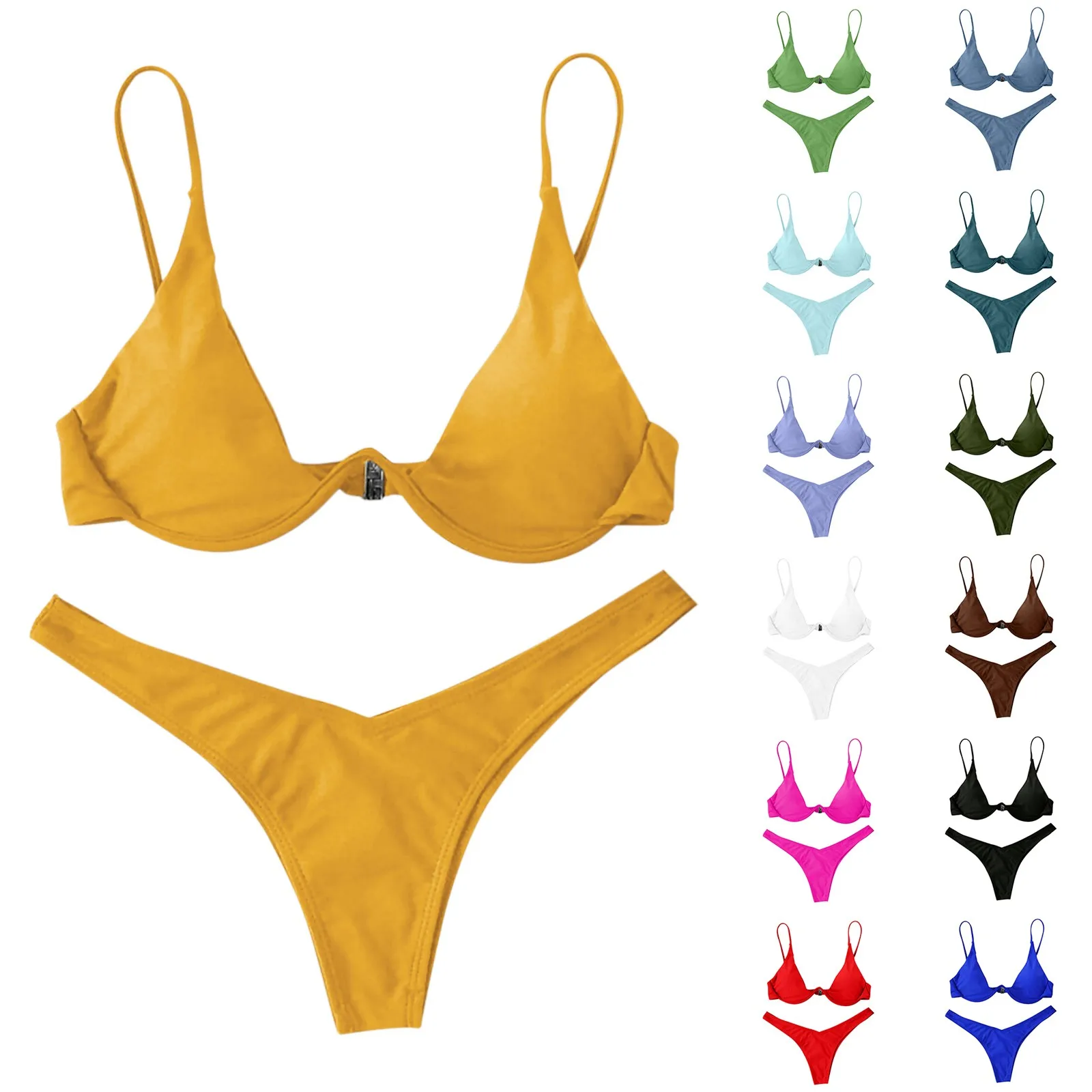 Ensemble de bikini fendu pour femme, maillot de bain 2 pièces, simple, classique, solide, réglable, sangle initiée, soutien-gorge à dos, string sexy