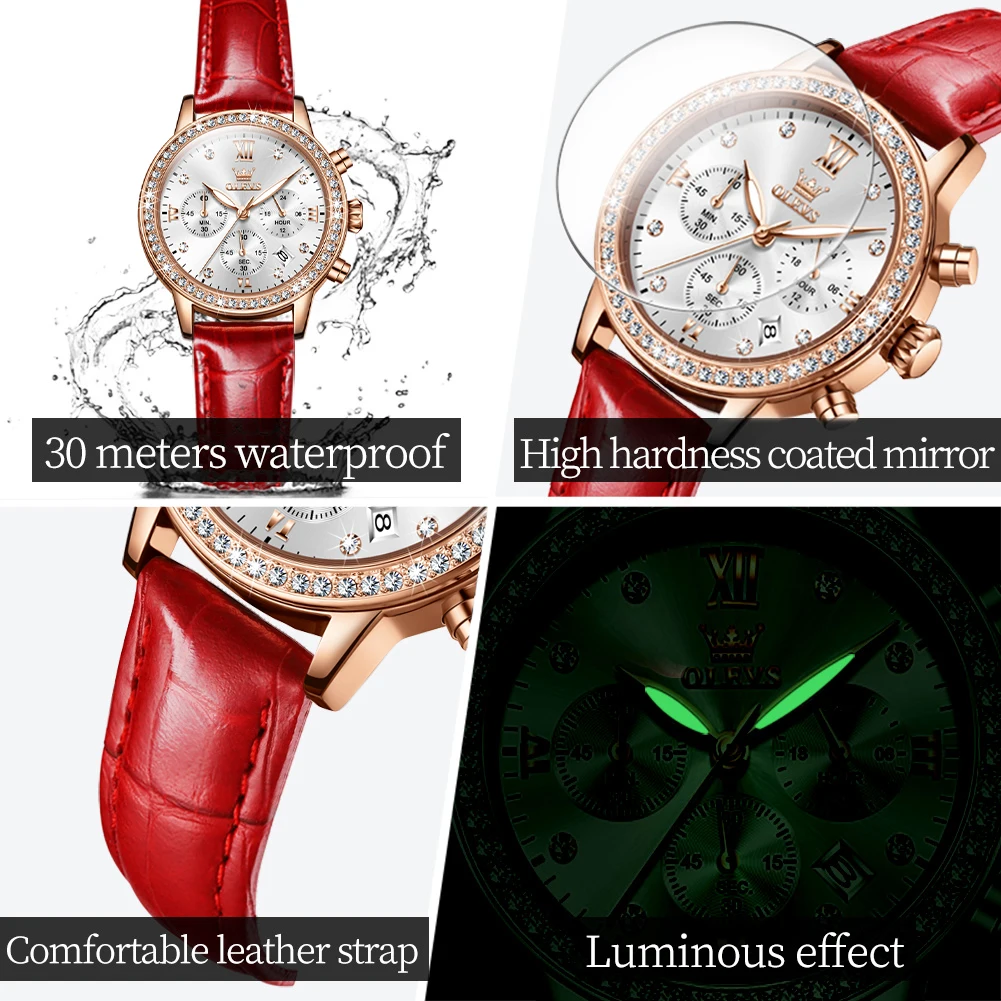 OLEVS 9933 Womens Watch Original Brand Diamond Ladies Quartz Wristwatch Waterproof Luminous    Leather Strap Multifunction Watch