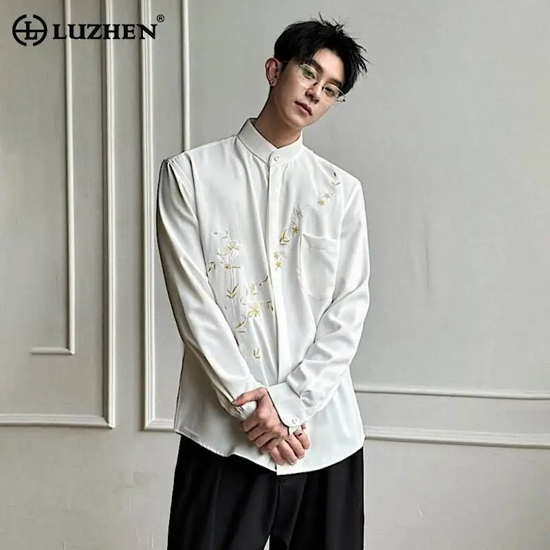 LUZHEN 2026 New Chinese Style Embroidery Pattern Stand Neck Long Sleeve Shirts Men's Fashion Handsome Elegant Casual Tops JY7821