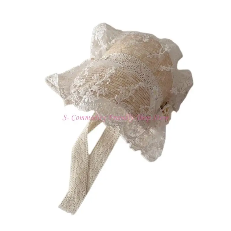 85ae-女の赤ちゃん麦わら帽子レースアップボンネット日焼け防止帽子大きなつばの女の子の帽子