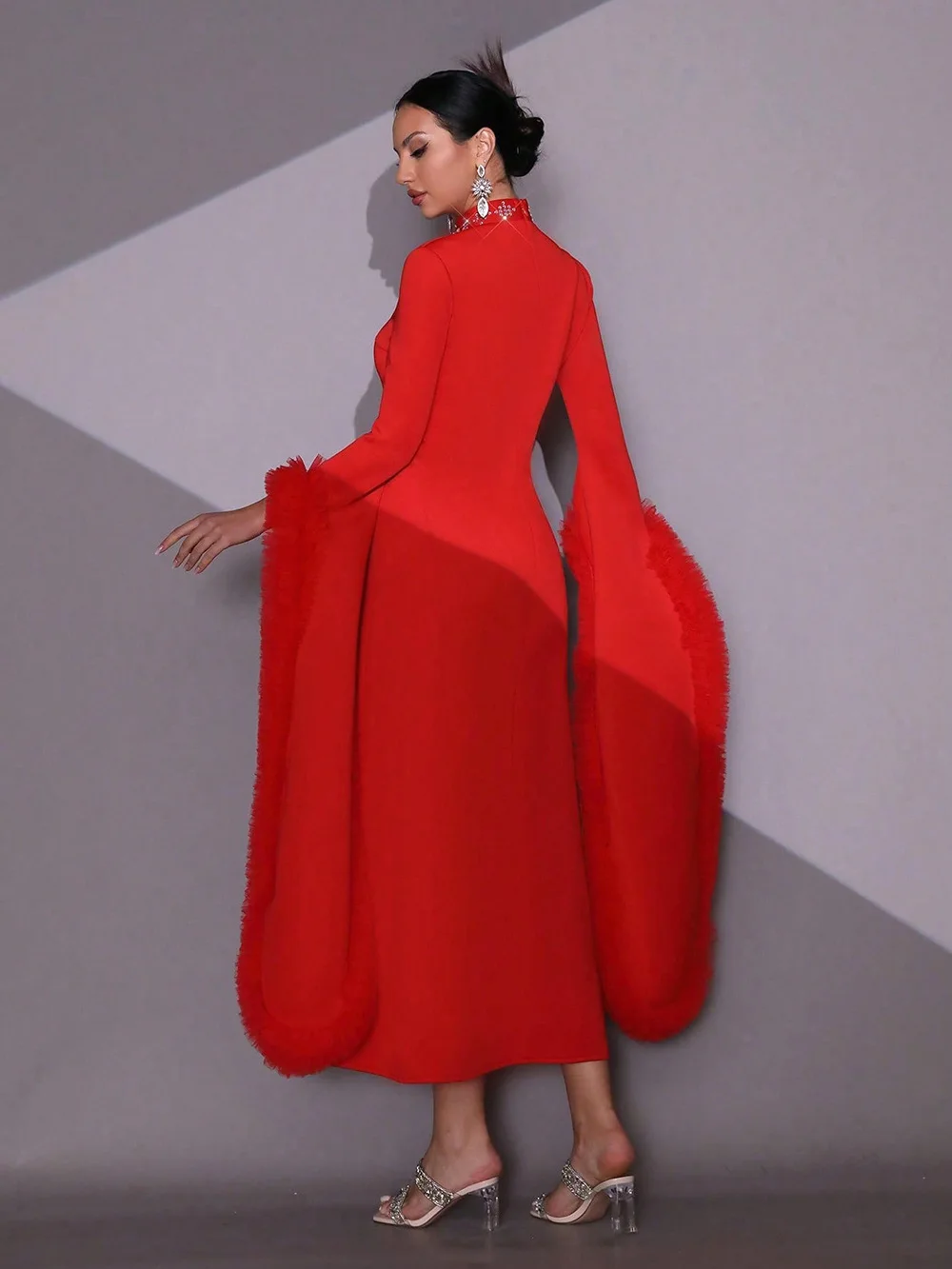 

New Christmas Stand up Collar Gowns For Women Sexy Christmas Battle Dress Long Sleeved Slim Fit A-line Dress
