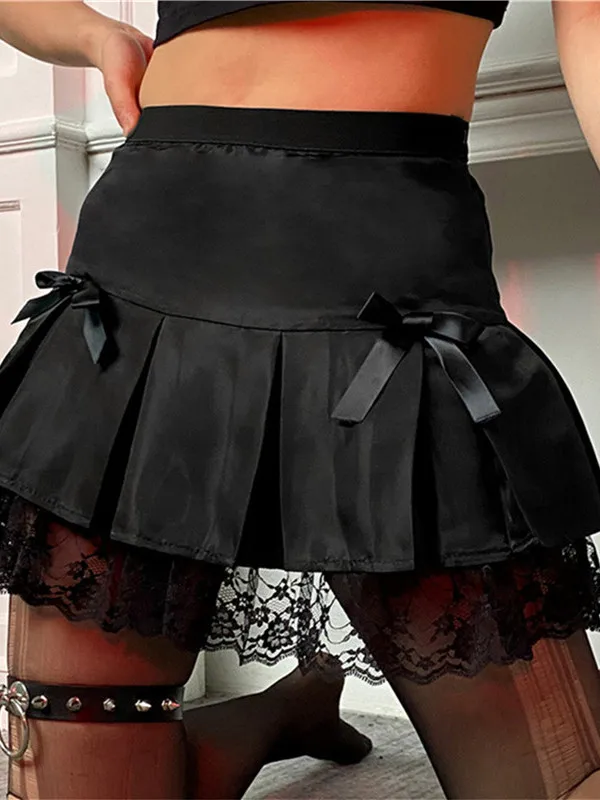 

k Маленькая плиссированная юбка с кружевным бантом Готическая юбка с узлом Женская повседневная одежда Юбка-миди Собранная юбка трапециевидной формы