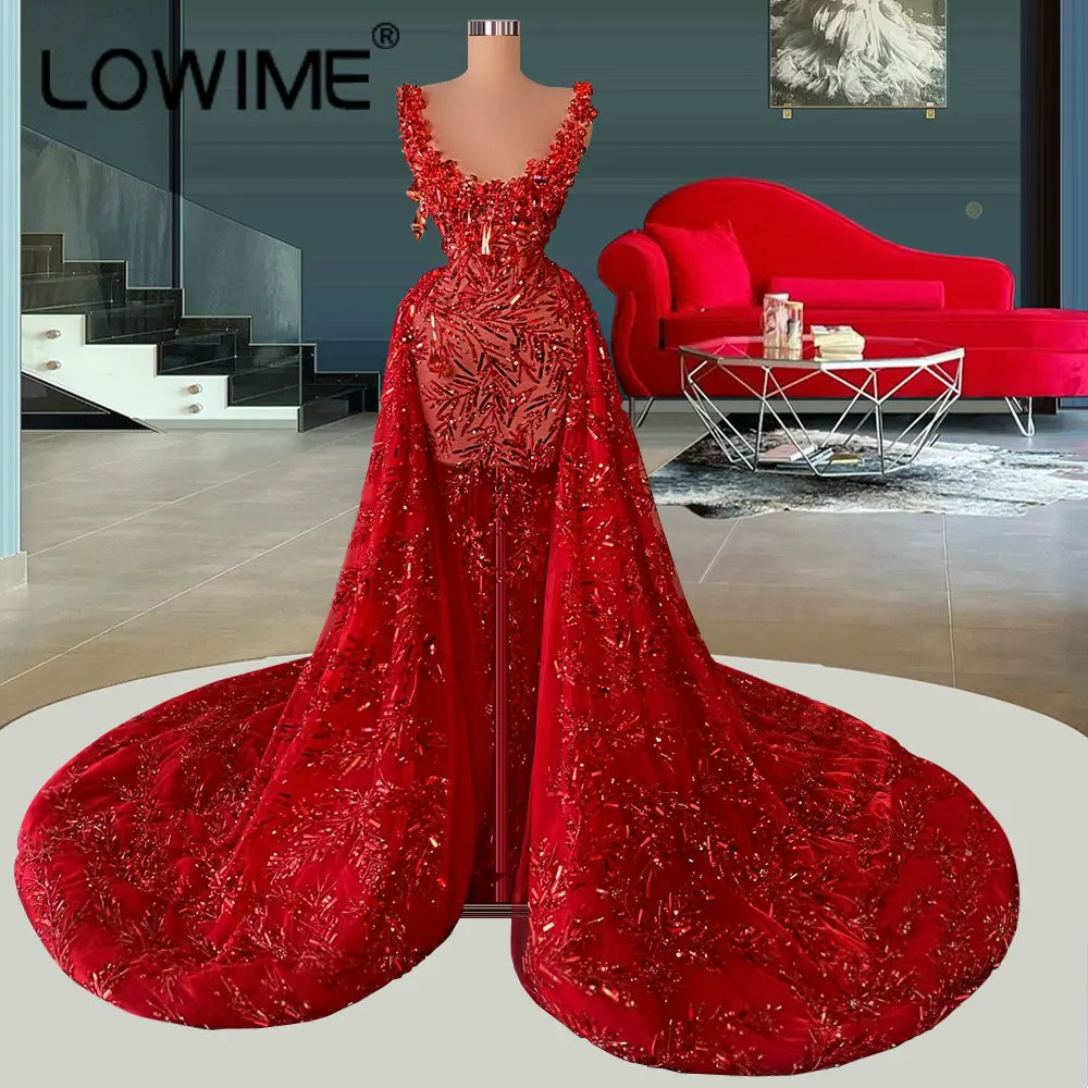 Red Glitter Luxury Evening Dresses with Detachable Train Long Crystals Two Pieces Women Party Dress Sexy Illusion Prom Gown 2022