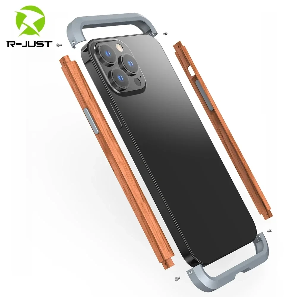 Metal Iron Wood Frame Phone Case For iPhone 15 14 Plus 13 12 11 Pro Max Thin Slim Aluminum Alloy Shockproof Bumper Hard Cover