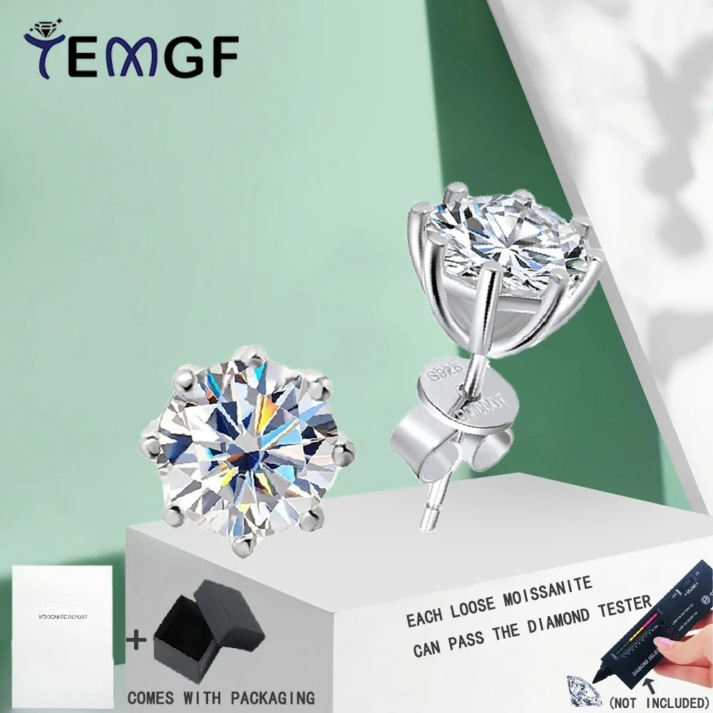 

TEMGF 1 Pair 8mm Moissanite Ear Studs 8 Prong S925 Silver Holder for Women Classic Fashion Sparkling Fine Jewelry Date Love Gift