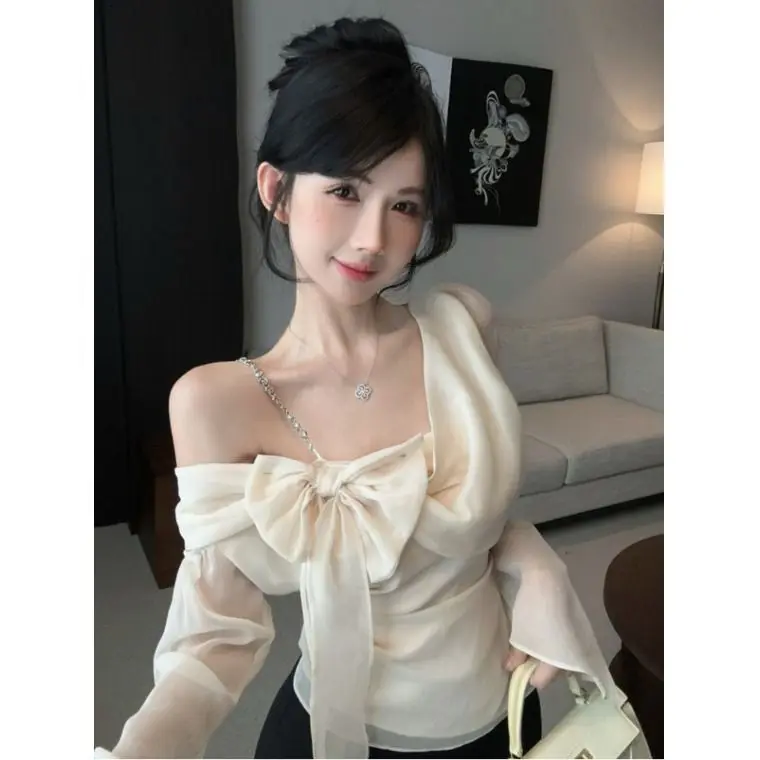 French Casual Design Slim Fit Bow Women's Fashion Chain Off Shoulder Chiffon Small Fragrance Style Shirt