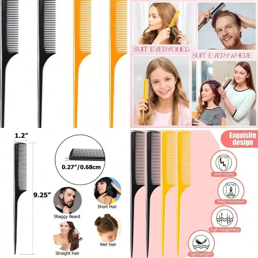 

4 Pack) 9.25 Sturdy Rat Tail Comb Fine-Tooth Hair Combs With And Long Handle (Black And Brown)
