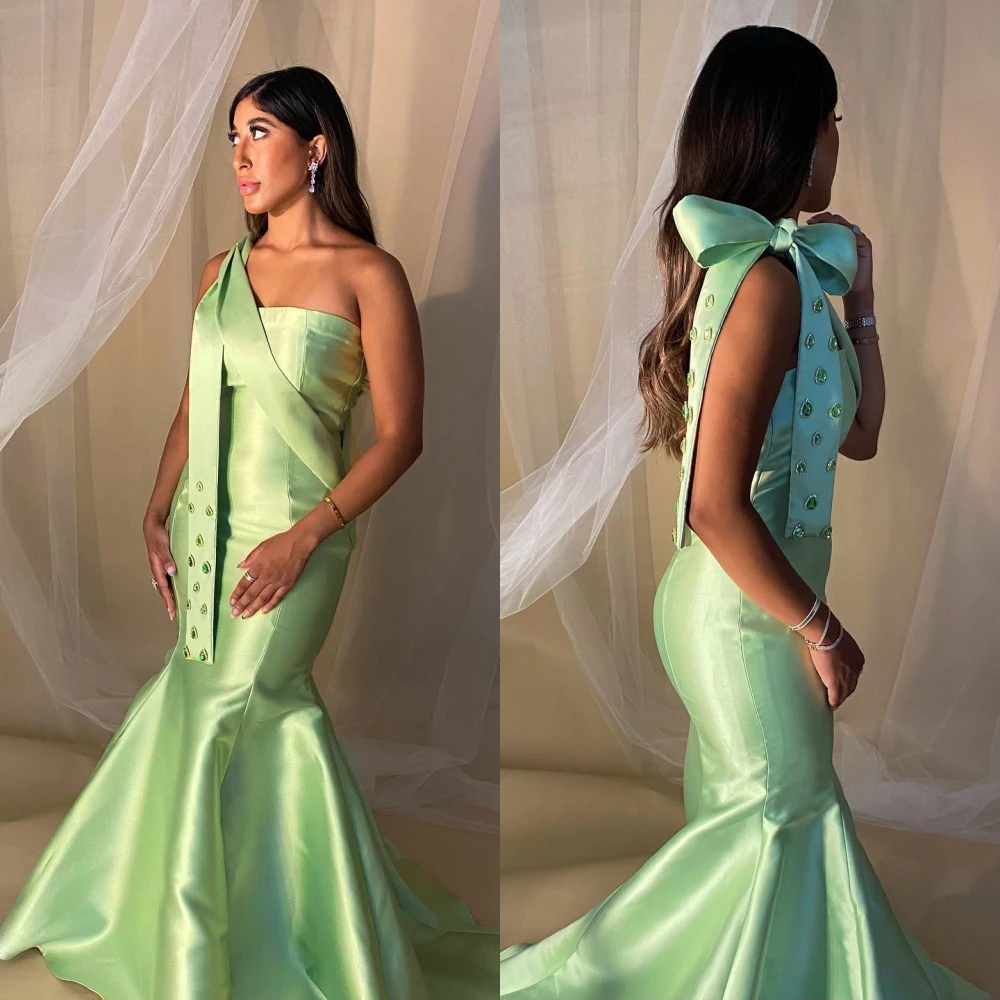 Assimétrico De Um Ombro Sereia Vestido De Baile, Vestido De Noite De Cetim, Strass Bowknot, Formal, Requintado, Alta Qualidade