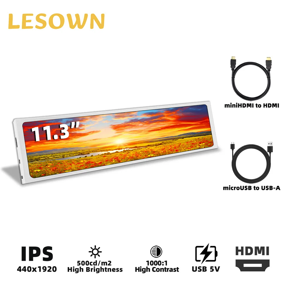 

LESOWN Mini 11,3-дюймовый ультратонкий растянутый дисплей 440x1920 IPS ЖК-портативный монитор для ноутбуков, игровых консолей, развлекательного использования