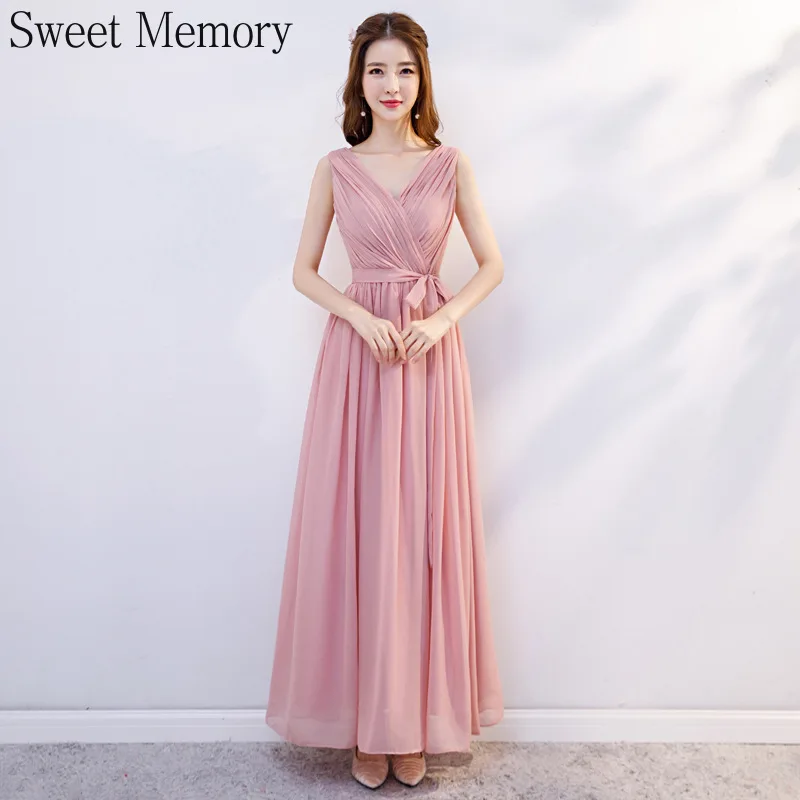 J185 Rosa Chiffon Brautjungfer Kleider Lange Vestido Mädchen Robe A-Line Lace Up Prom Kleider Sommer Elegante Frauen Hochzeit Party Kleid