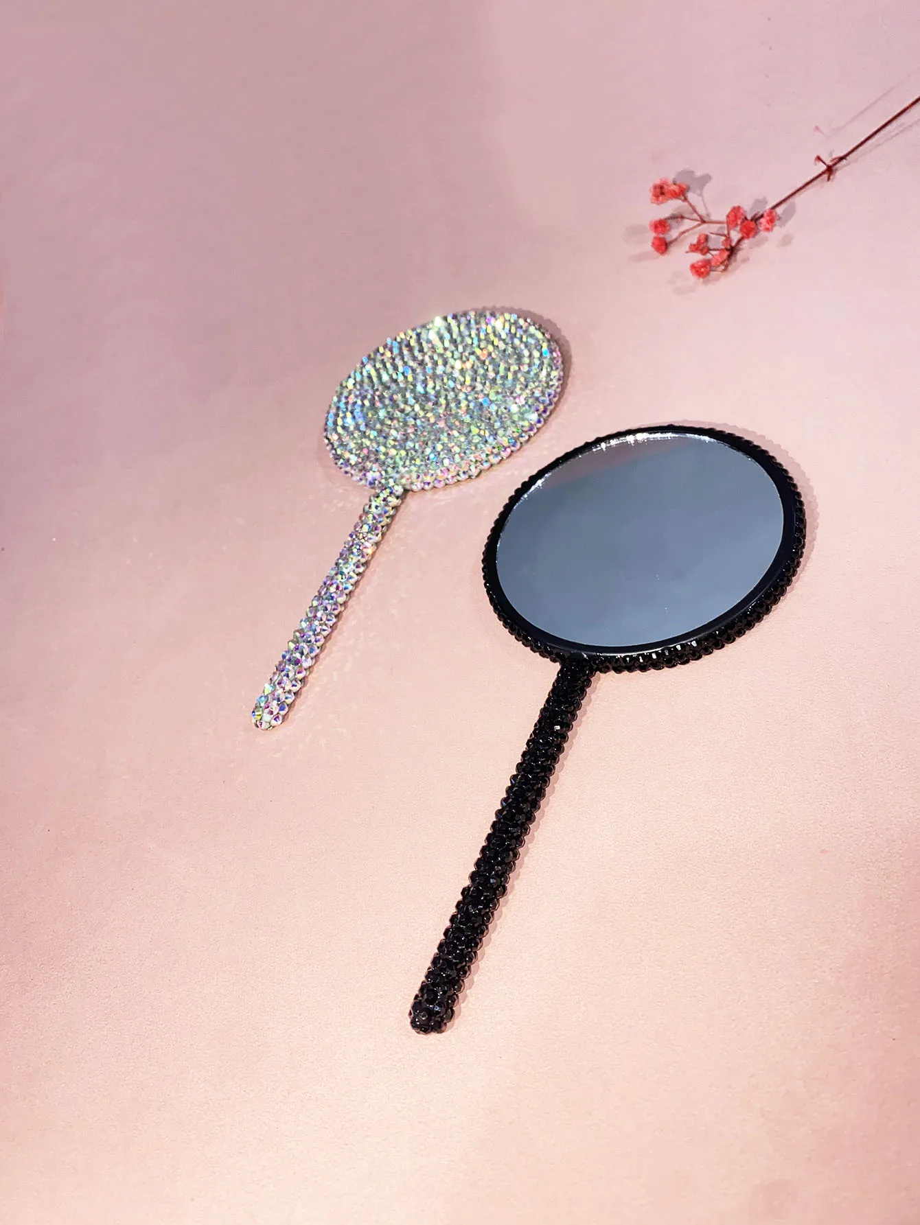 Diamond-encrusted Round Hand-held Cosmetic Mirror, Lollipop Mirror, Round Handle Mirror, Creative DIY Small Mirror