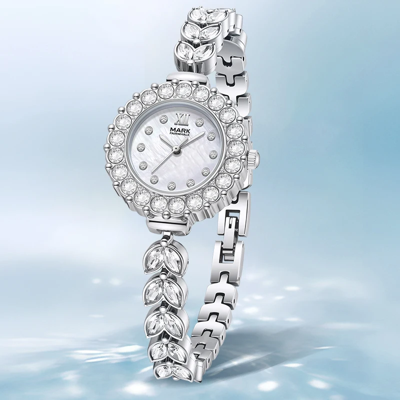 MARK FAIRWHALE Luxury Zircon Women's Watch MOP Dial Quartz 3ATM Waterproof Metal Bracelet Elegant Ladies Wristwatch