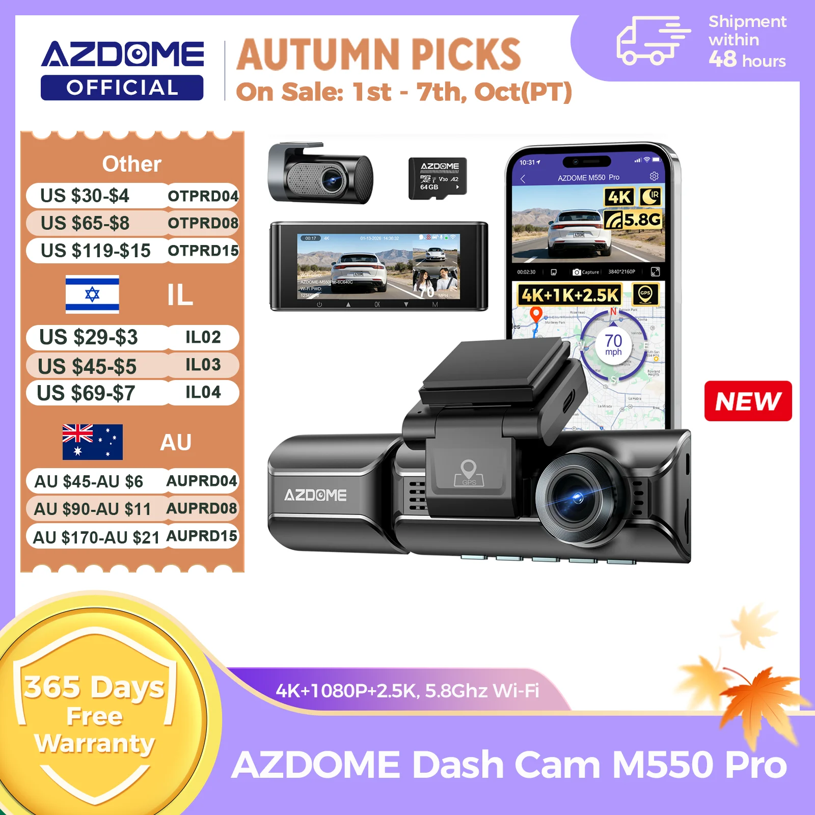 Upgrade AZDOME M550 Pro Dash Cam 4K Front Dashcam Auto 5.8Ghz Wi-Fi GPS G-sensor Car DVR 6 IR Night Vision Parking Monitor