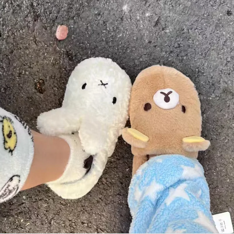 

Kawaii Bear Rilakkuma Cotton Slippers Cute Flat Closed-Toe Mules for Men And Women Winter Cartoon Home Shoes Couples Footwear