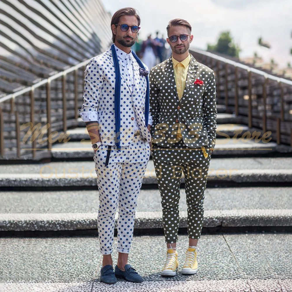 Casual Daily Men's Suits Elegant Slim Fit Dots Pattern 2 Piece Jacket Pants Sets Formal Male Clothing For Beach Wedding Travel