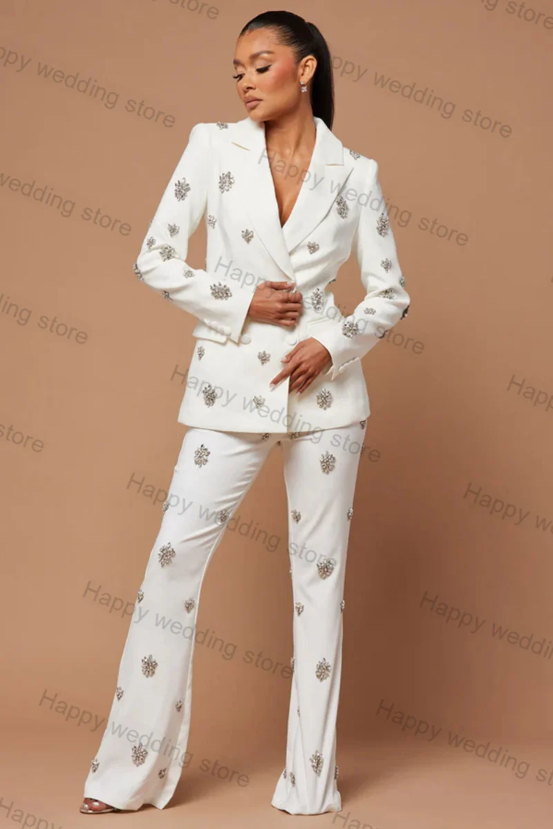 White Crystals Formal Women Suit Pants Set 2 Piece Blazer+Trousers Business Office Lady Cotton Coat Jacket Customized Outfit