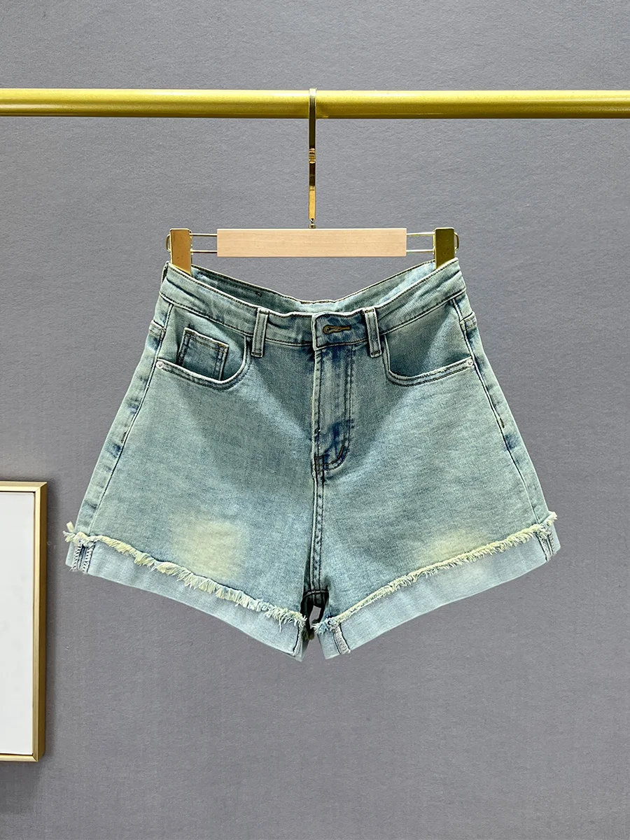 

High Waist Wide Leg Denim orts Women's Cotton Elastic Loose Slimming Summer Faion Turn up Hot Pants Casual Slim Fit
