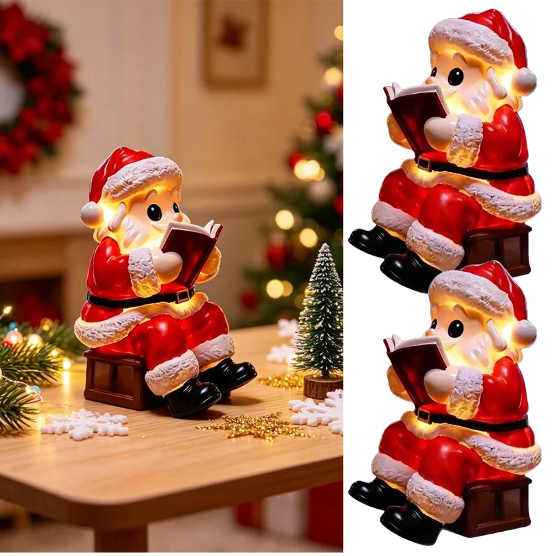 LED Santa Reading Book Figurine Lamp Cute Sitting Santa Night Light Christmas Desktop Home Holiday Ornament Decoration Xmas Gift