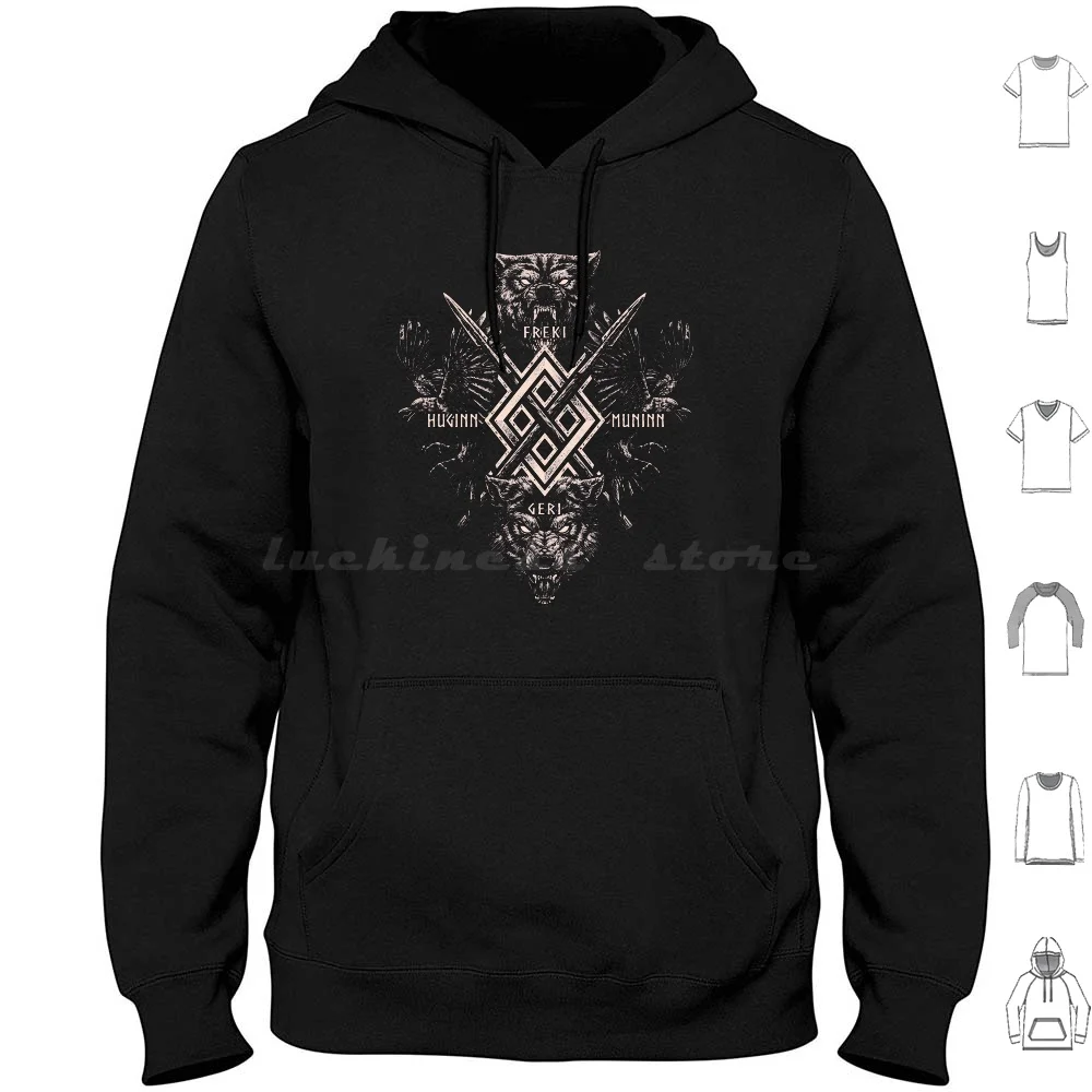 Viking Wolf Raven Of Odin Geri Freki Huginn Muninn Gungnir Norse Mythology Hoodie Cotton Long Sleeve Wolf Raven Odin