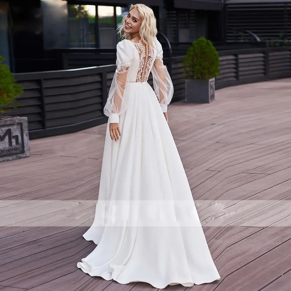 New fashion A-line square Neck Illusion sleeve line wedding dress back decal with button Garden Beach photo bridal dress