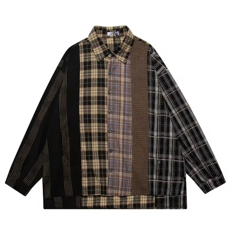 Hip Hop Men Plaid Shirt Streetwear Patchwork Button Up Long Sleeve Cotton Shirt 2024 Summer Harajuku Vintage Casual Loose Shirts