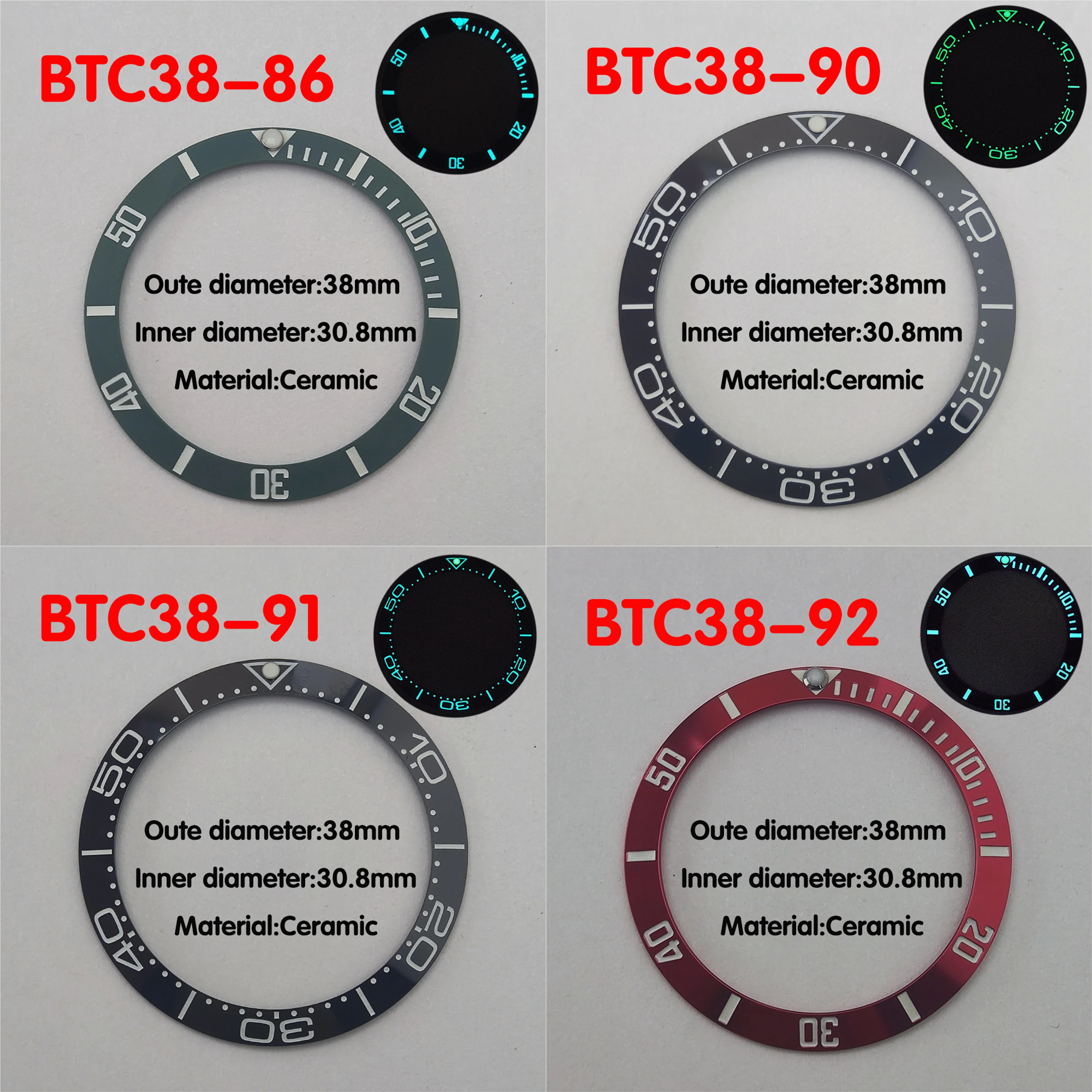 حلقة إدراج حافة سيراميك منحدرة مضيئة للرجال ، استبدال ساعة ميكانيكية ، استبدال GMT ، القطر الداخلي ، 38 ، أزرق وأخضر