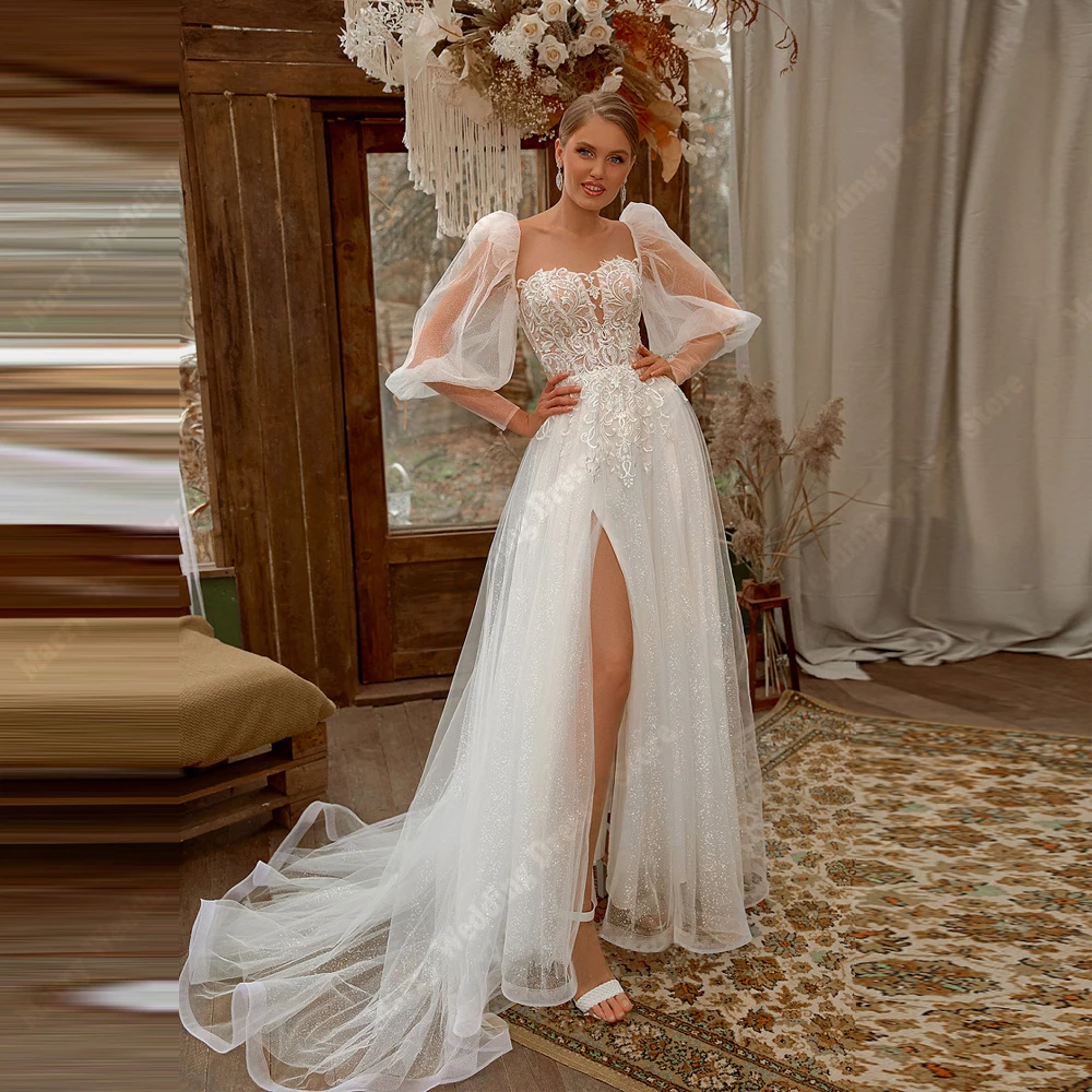 

Glitter Women A-Line Wedding Dresses Long Puff Sleeves Lace Applique Side Slit Bridal Gowns Banquet Vestidos De Novia Customized