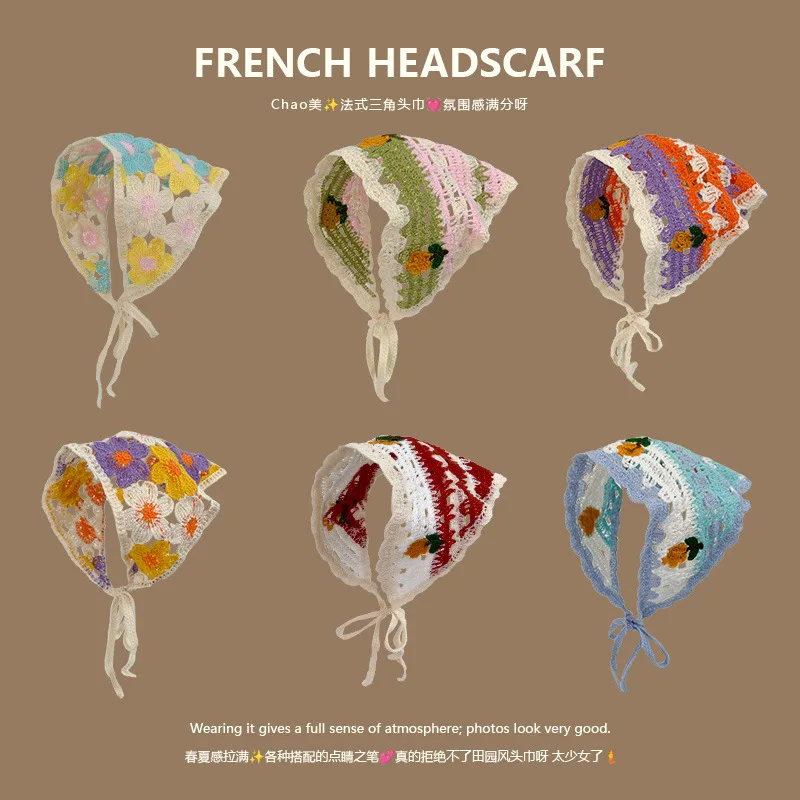 Handmade Knit Triangle Headband With Flowers For Women Spring Outing Beach Pictures Hair Wrap Soft Breathable Daily Casual Wear