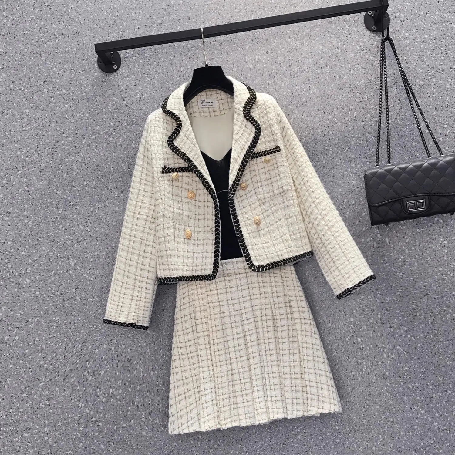 Women Fashion Elegant Tweed Jacquard Suit Blazer Jackert Coat Top And Skirt Two Piece Set Outfit 2022 Winter New Korea Clothes