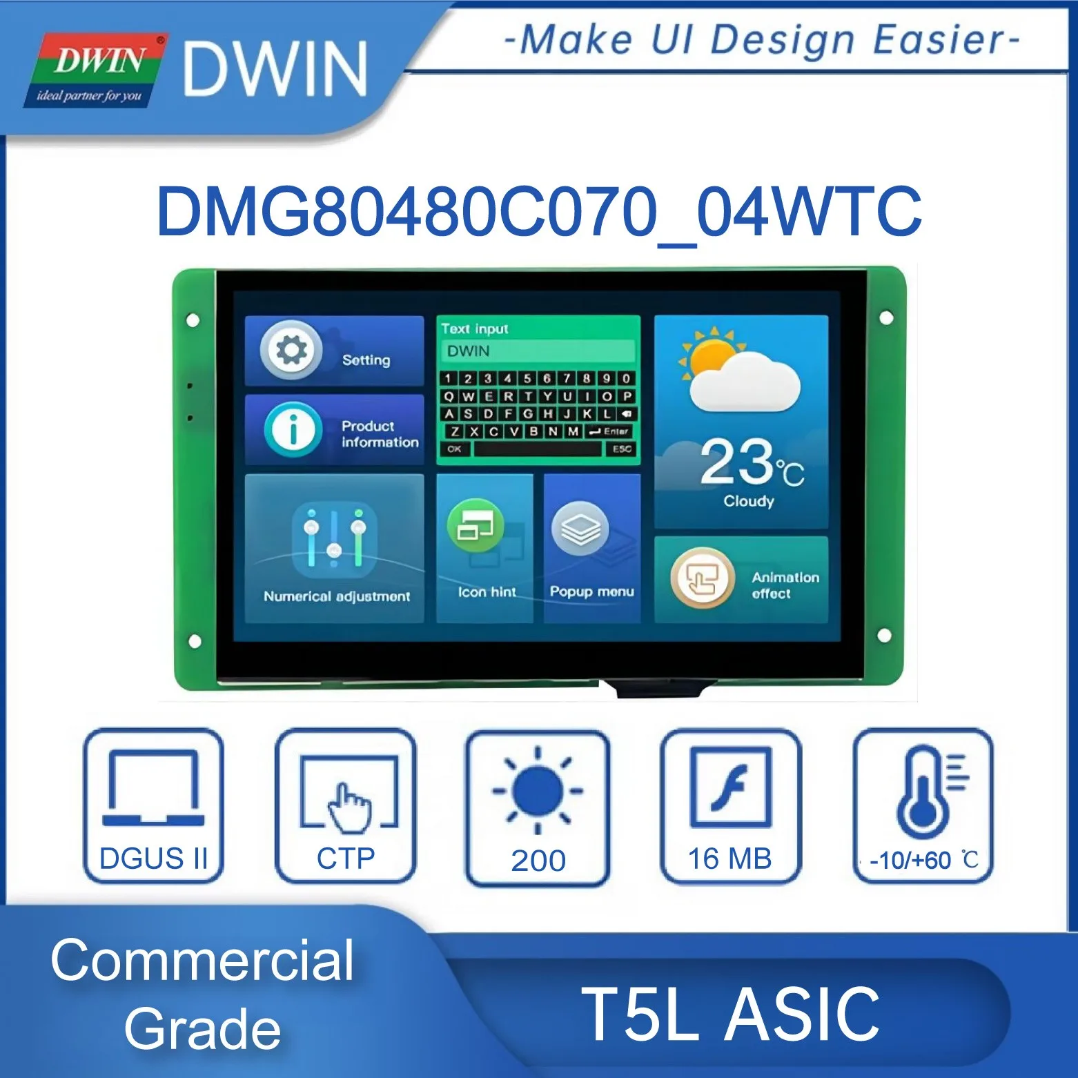 DWIN 7 Inch 800*480 TFT LCD Display Module Capacitive/Resistive TTL/RS232 Commercial Smart Screen For Arduino DMG80480C070_04W