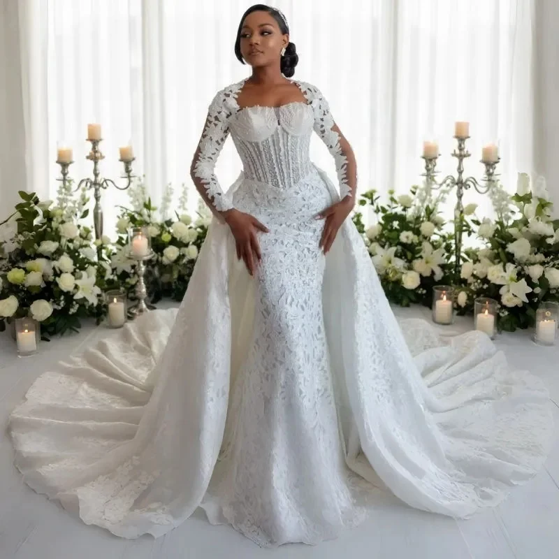 Customized Square Neck Lace Appliques Country Wedding Dress with Removable Skirt  Robe De Mariée  Long Sleeves    Bridal Gown
