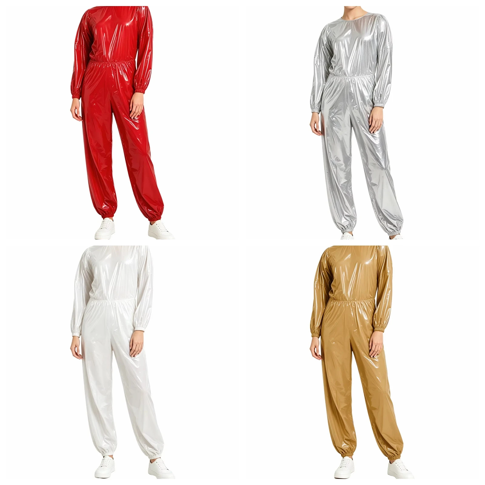 Women's Shiny Sauna Jumpsuit Sweat Track Suit Jumpsuit Khaki Unitard Bodysuit Waterproof Long Sleeve Bodysuit for Weight Loss