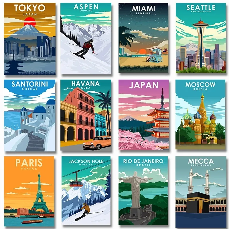 City Travel Poster Japan Tokyo Miami Santorini Paris Moscow Mecca Brazil Wall Art Canvas Painting Poster Decor Living Room home