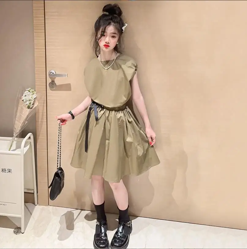 Girl Short Sleeve Shirts + Skirts 2pcs Sets Summer New Khaki Cotton Clothes Children Loose Casual Clothes Teenage Ssuits Wz1167