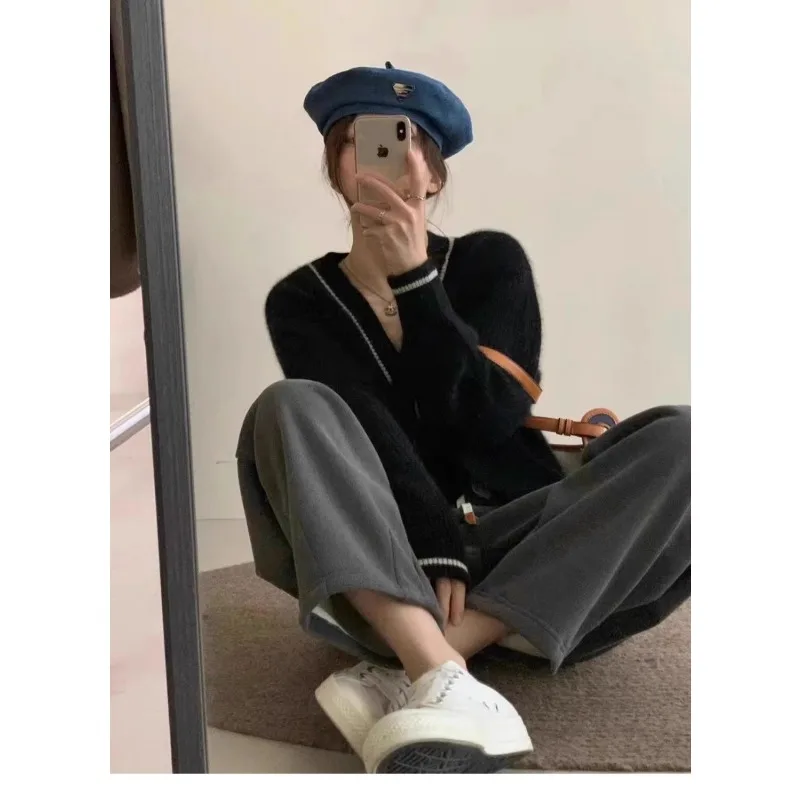 Cárdigan de punto de Color contrastante con cuello en V Retro francés para mujer, Top corto holgado de otoño e invierno