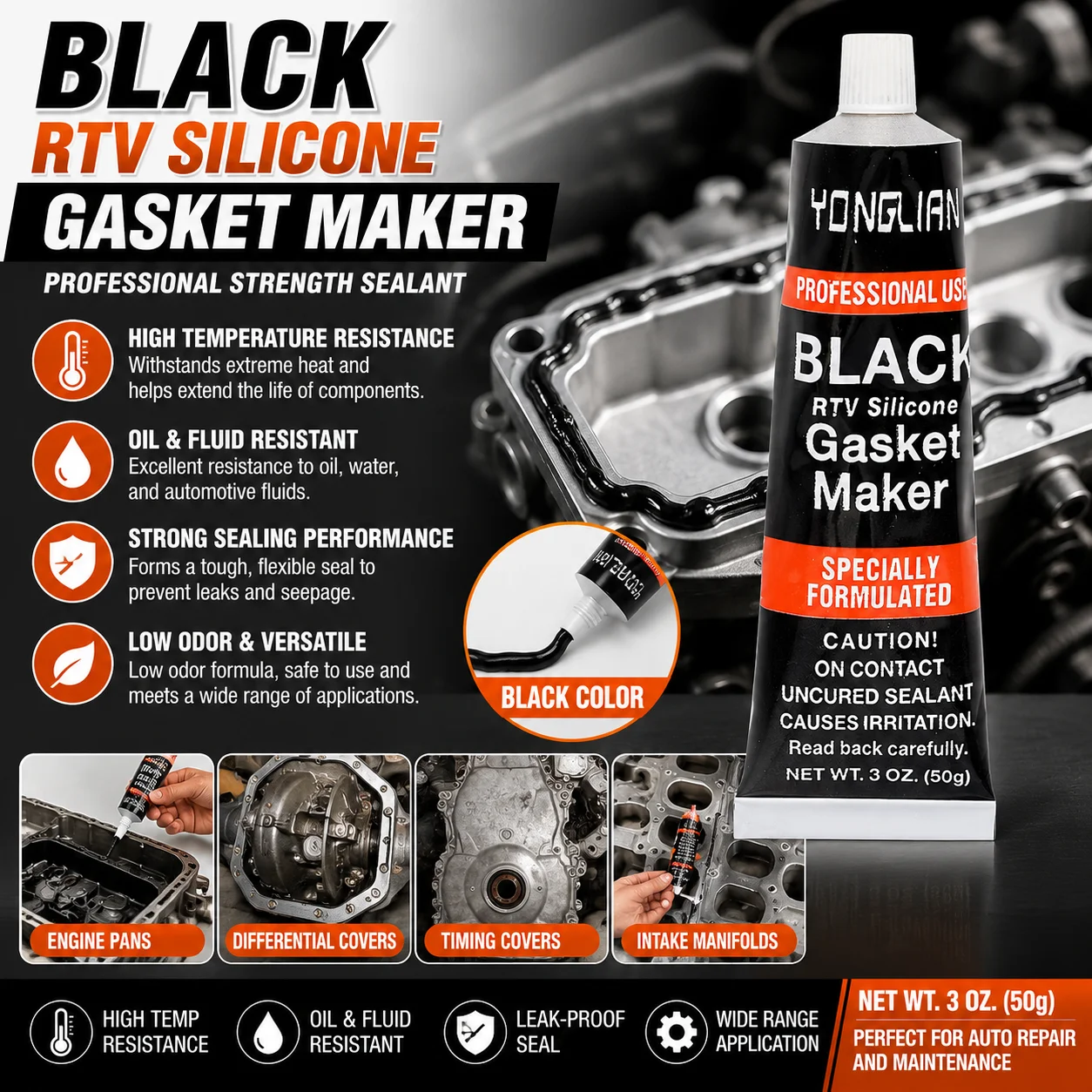 Black RTV Silicone Gasket Maker, Oil Resistant Engine Sealant Black RTV Silicone Formula, Engine Sealing, Oil Leak Repair 50g/85