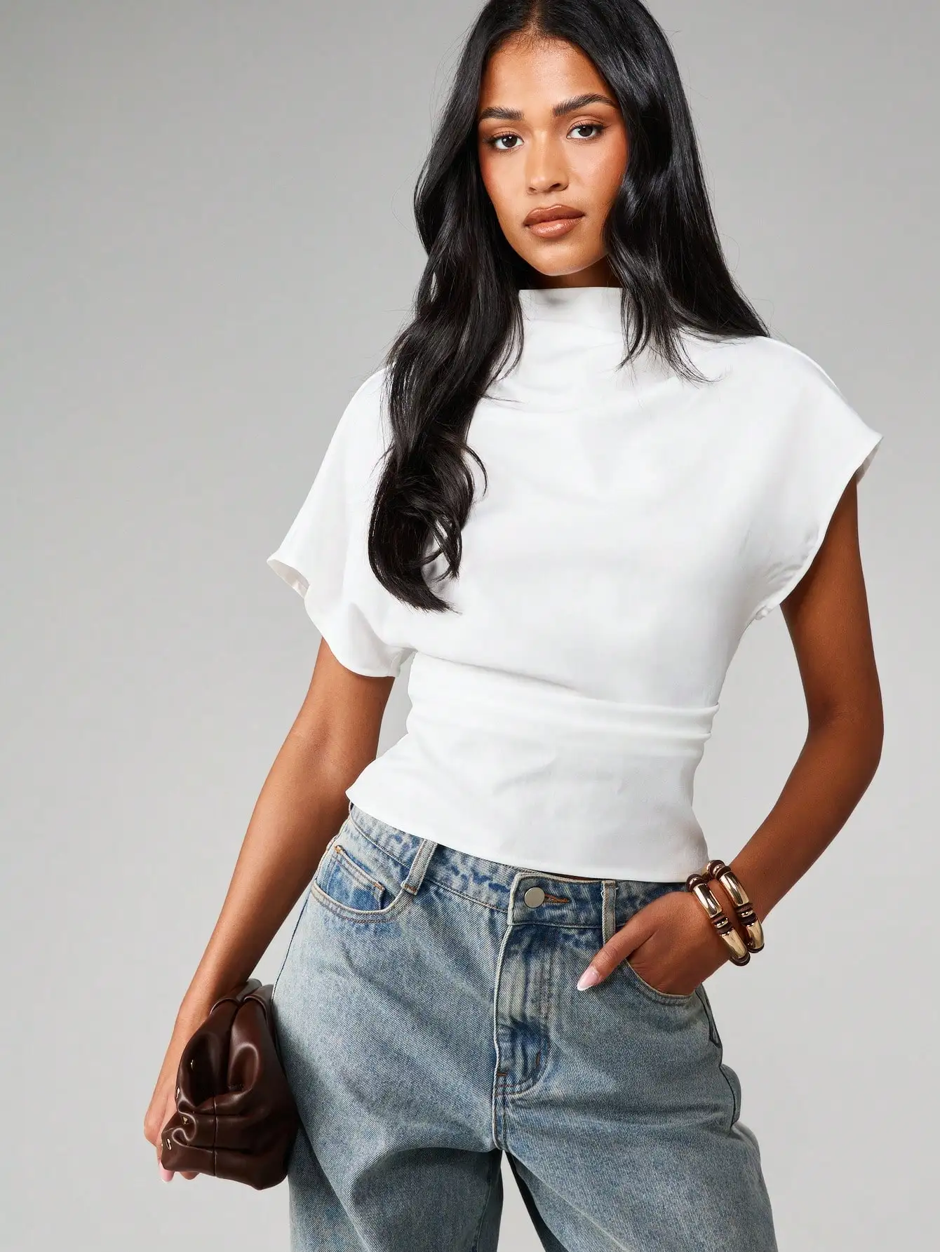 

Women's White Mock Neck Fitted Top with Dolman Sleeves & Cinched Waist for Casual Spring Summer Wear