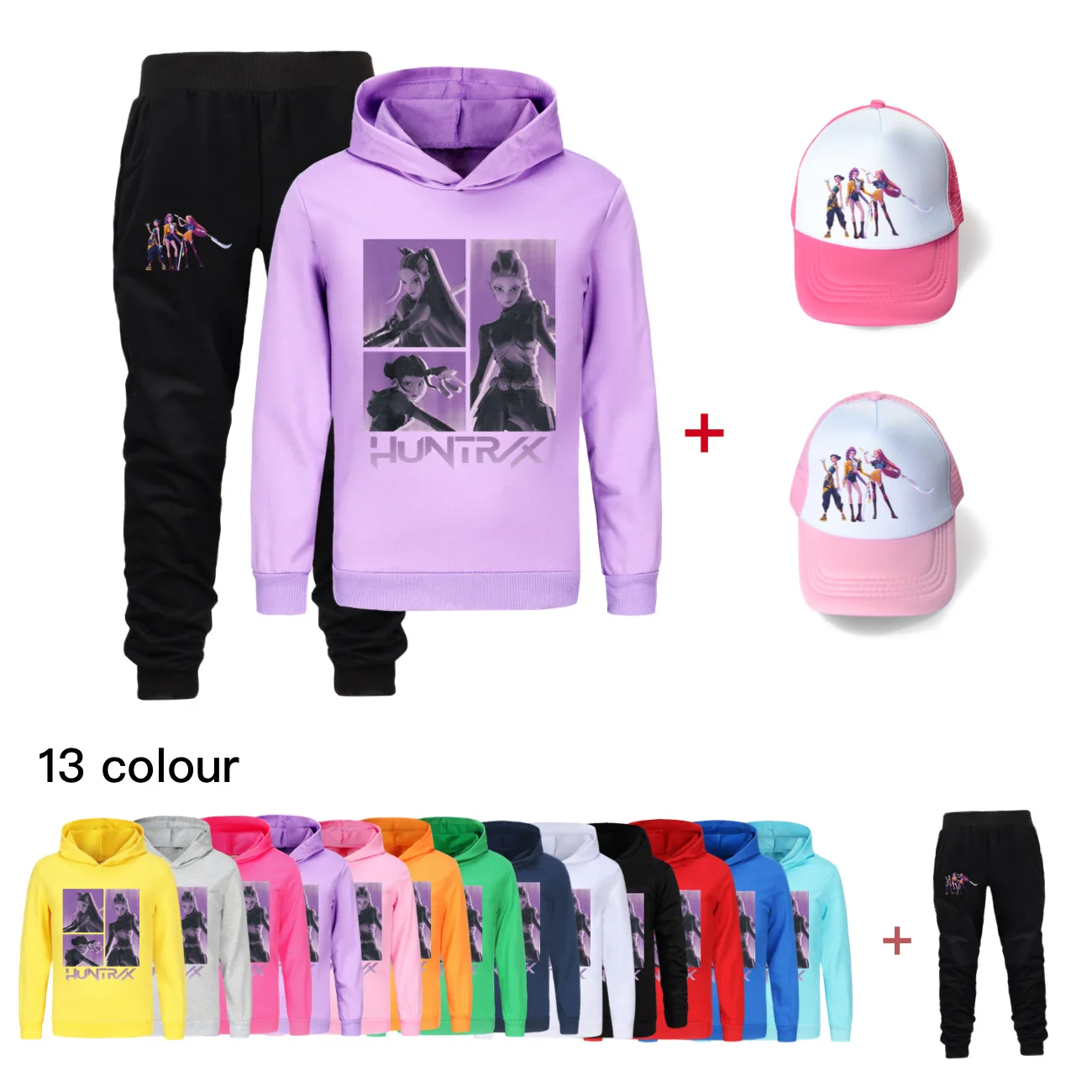 

Kids KPop Demon Hunters Huntrix Clothing Set Autumn Boys Girl Hoodie Tracksuit Hooded T-Shirt Suit Children Sweatshirt+hat 4971