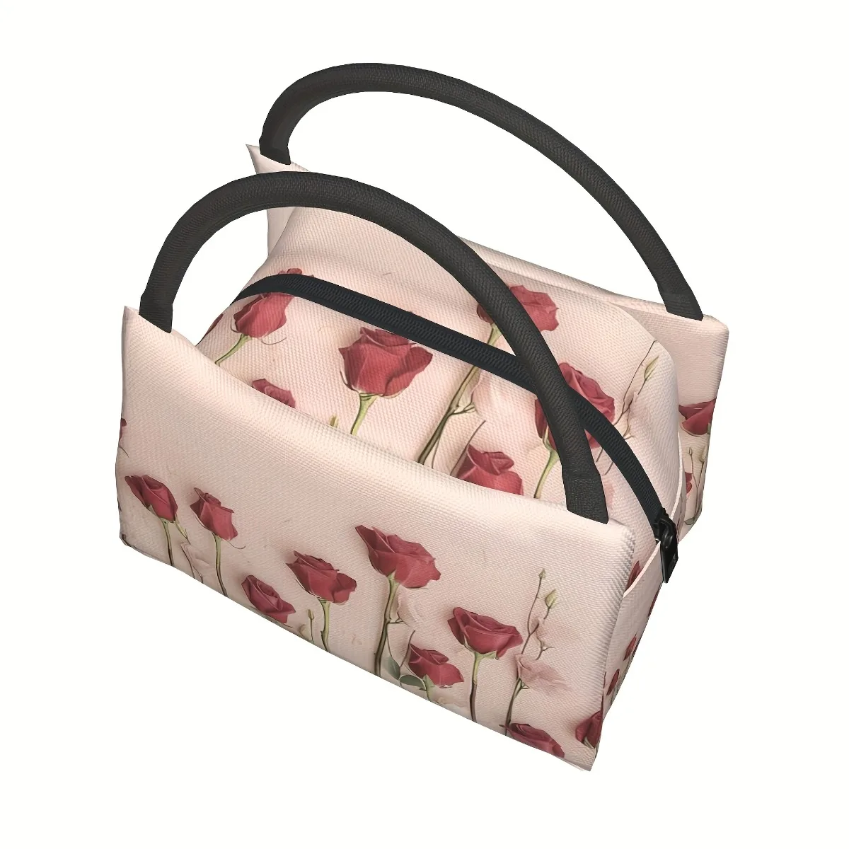 Floral Insulated Lunch Bag - Reusable, Leak-Proof Cooler Tote With Pink Roses & Green Foliage Design For Work, Picnic, Beach