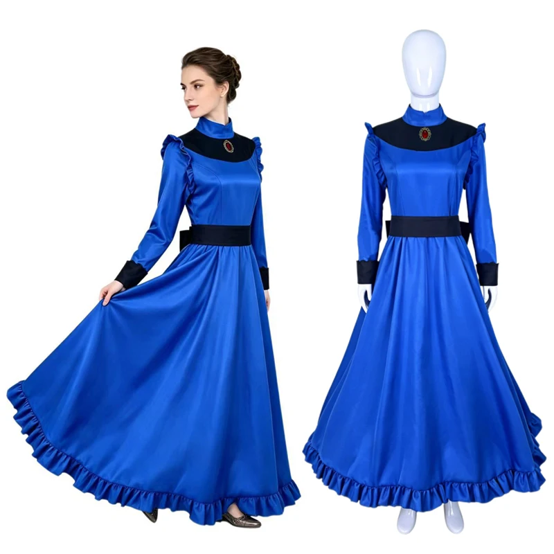 Disfraz de Anime Yubaba para fiesta de Halloween, vestido de noche de estilo victoriano Vintage para mujer, vestido de baile azul real con cuello alto