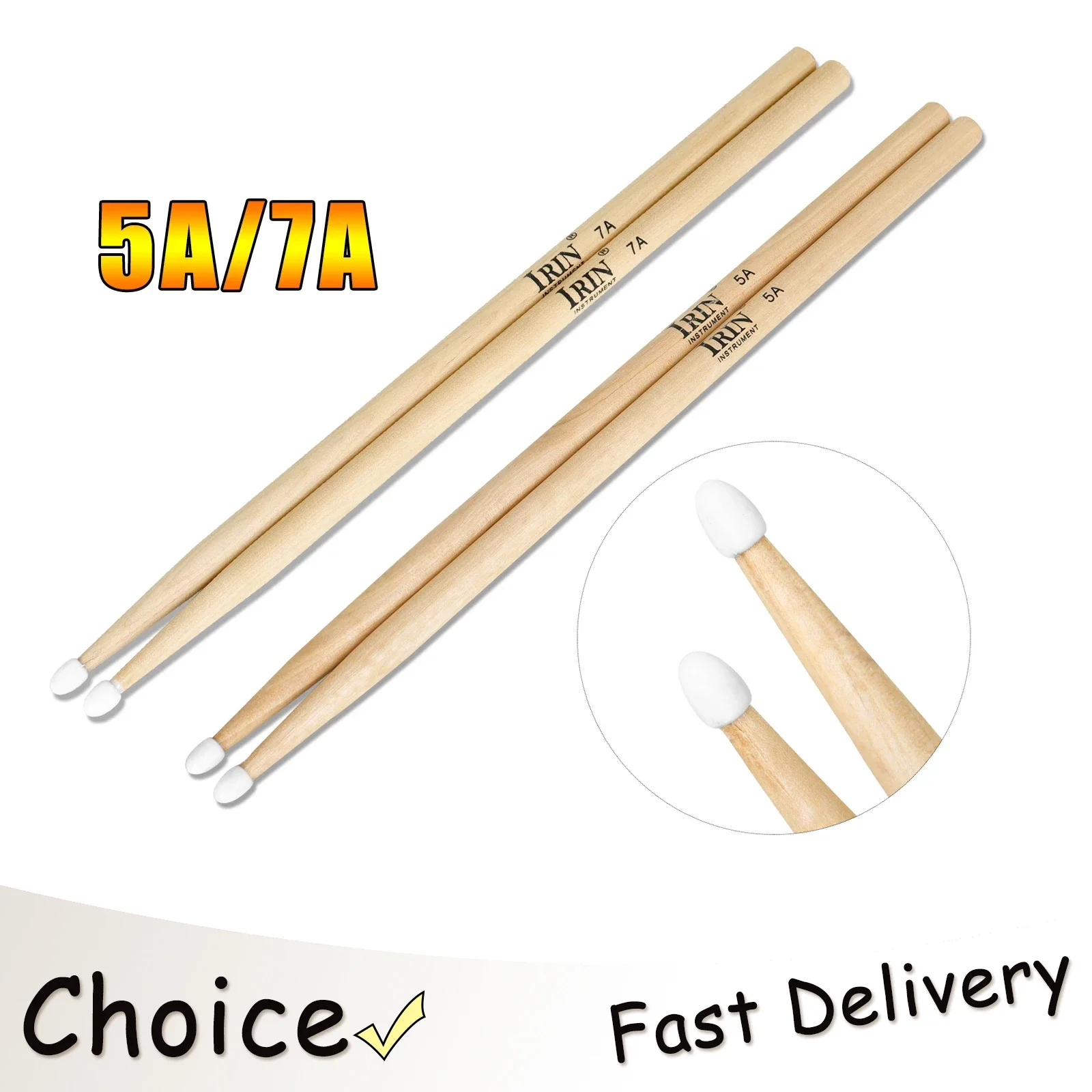 IRIN 1 Paar 5A/7A Premium-Ahorn-Drumsticks-Schlägel, ideal für alle Altersgruppen, langlebige Übungs-Drumsticks für Jazz-Percussion-Teile