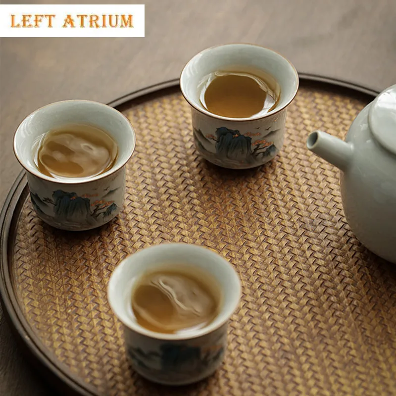 1 Pcs Chinese Retro Ceramic Teacup Handmade Landscape Pattern Tea Bowl Travel Portable Master Meditation Cup Household Tea Set
