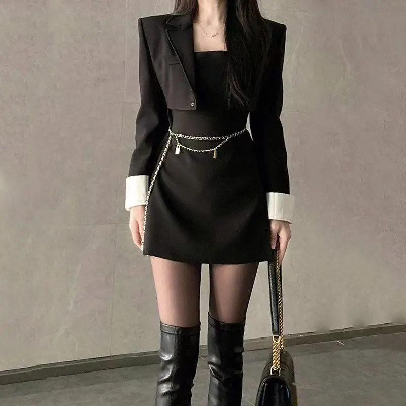 Black suit two-piece women's short coat A-line high waist slit dress fashion high-quality office suit two-piece elegant dresses