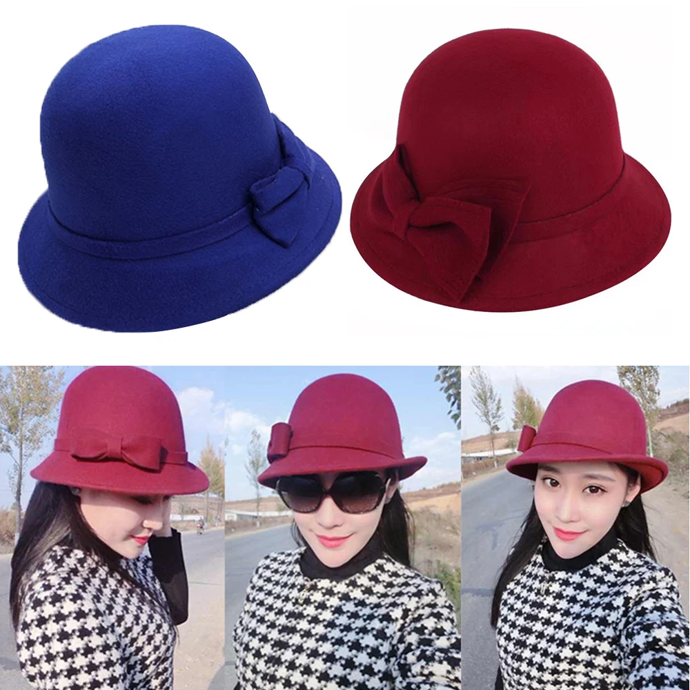 Winter Wolle Flat Top Hut für Frauen Filz breite Krempe Fedora Hut Bögen Jazz Cap elegante Panama Cap britische Bowler Fedora Hüte