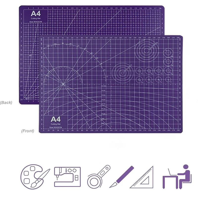 Double-sided multifunctional cutting mat set, purple A4 non-slip cutting mat, 30cm precision ruler, sharp utility knife and 5 blades. Suitable for DIY crafts, scrapbooking, and sewing supplies, and can be given as a gi